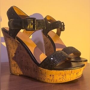 Black Sequin Heel Wedges with Gold Metallic Accents